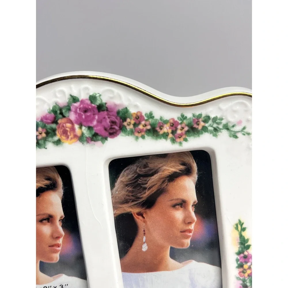 Vintage Porcelain Double Picture Frame Floral Rose Gold Trim 2x3 Tabletop Easel